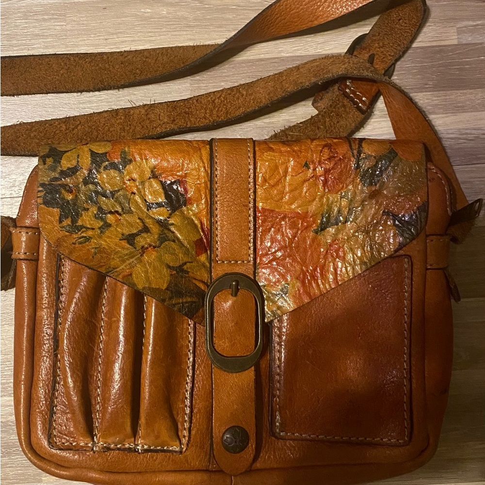 PATRICIA NASH Floral Cognac Leather Crossbody Bag